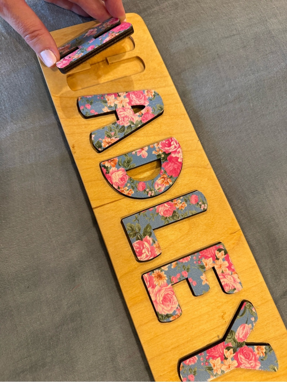 Custom Floral Periwinkle & Pink Wooden Name Puzzle - “Hadley”